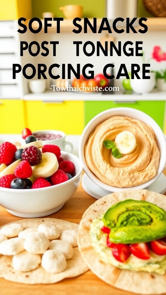 Savory Snack Ideas for Post-Tongue Piercing Care A variety of soft snacks suitable for those with a tongue piercing, including yogurt, hummus, and avocado spread.